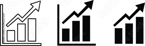 Three black and white line and bar graph icons with arrows indicating growth and increase in data analysis and statistics
