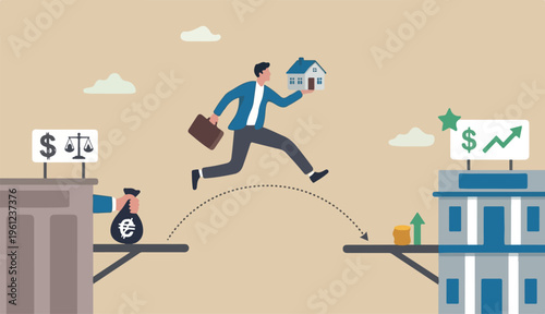 Refinance change mortgage agreement bank, replace debt in to obligation better interest rate, housing loan real estate investment concept, businessman house jump new bank.