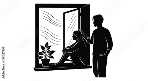 Couple looking out of a window a poignant black silhouette