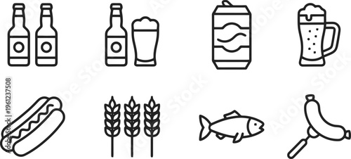 Food and drink icons featuring beer hot dog fish and more