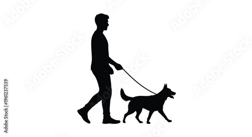 Man walking a german shepherd dog on a leash a striking silhouette