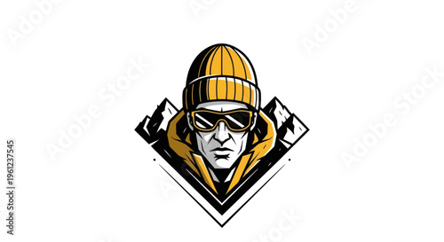 Stylized portrait of adventurer with geometric mountain backdrop