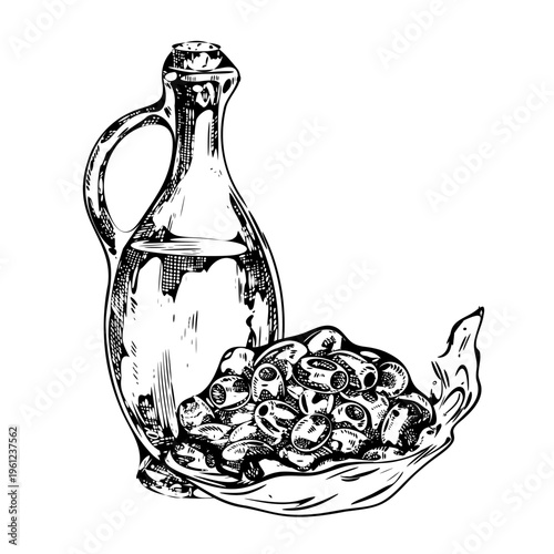 A glass bottle of oil, a handful of olives, and a splash of oil. A black and white vector illustration drawn by hand. A design element for recipes, cookbooks, packaging, labels, and more.