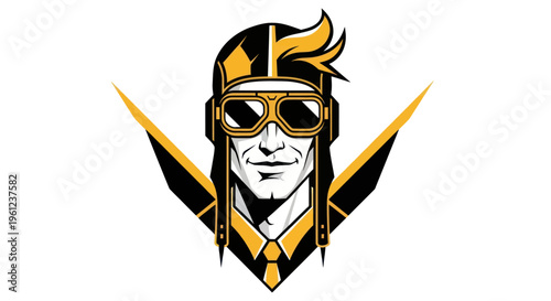 Stylized portrait of pilot with aviator helmet and goggles illustration