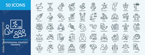 Professional Strategy Training - Icon Collection. Thin outline Set contains such Icons as milestone, confidence, attitude and more. Simple web icons set