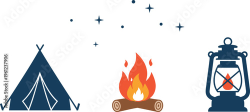 Camping adventure night scene with tent campfire lantern and starry sky on transparent background.