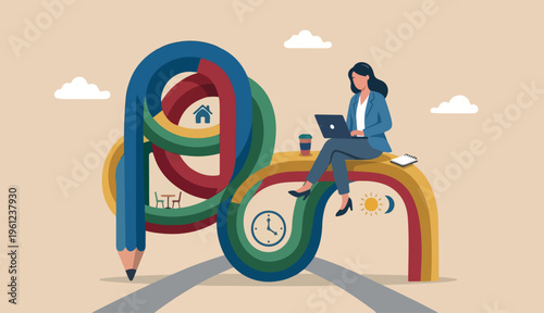 Flexible work, remote work anywhere anytime, employee choice or choose time location productivity and creativity concept, cheerful woman enjoy working with to computer laptop flex bent pencil.