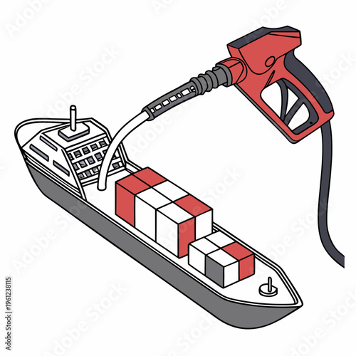 Cartoon cargo ship being refueled with a giant gas pump nozzle