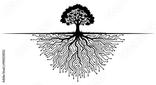 Tree with roots and circuit board.