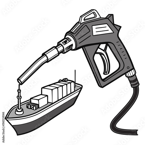 Fuel nozzle refueling a cargo ship with containers on deck