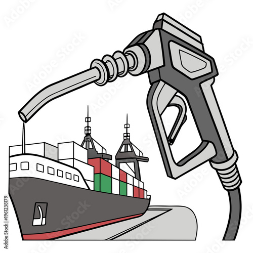 A large cargo ship being refueled with a gas pump nozzle