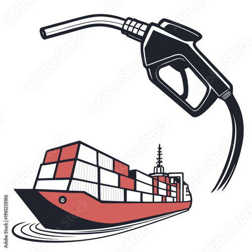 Vector illustration of a gas pump nozzle fueling a cargo ship