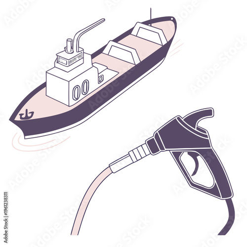 Vector illustration of a boat and a fuel pump nozzle in purple and pink hues
