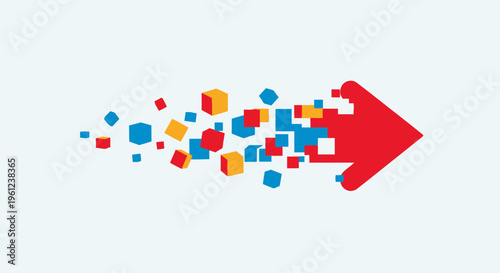 Colorful arrow with flying blocks.