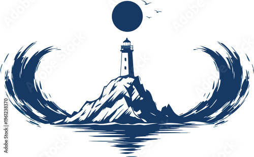 Stylized blue and white vector illustration of a lighthouse on a rocky island surrounded by crashing ocean waves and a full moon.