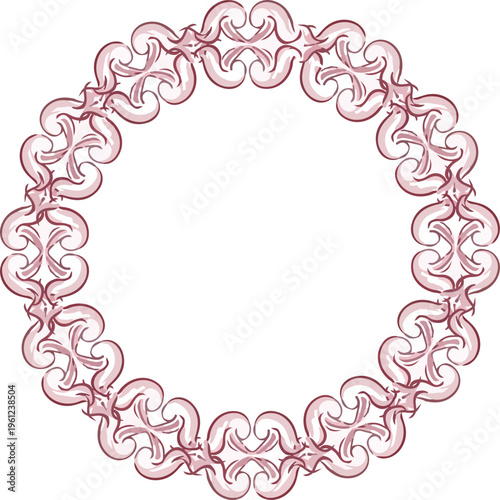 Ornate Dusty Rose Circular Frame with Rhythmic Scalloped Scrollwork and Elegant Filigree Flourishes