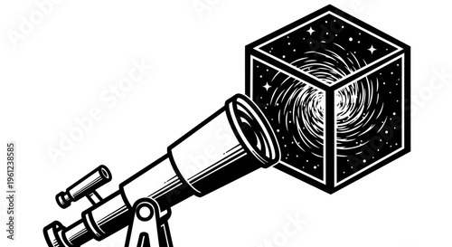 Telescope pointing at starry night sky.