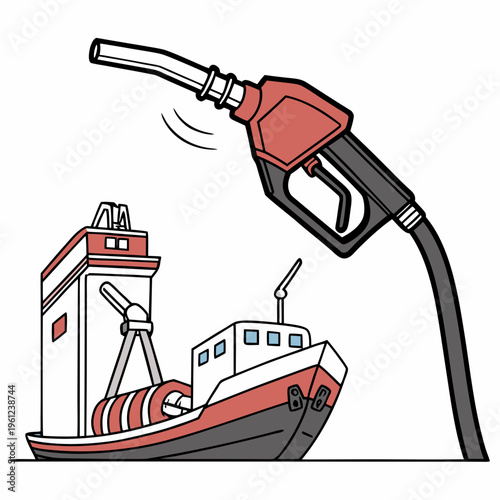 Cartoon illustration of a boat being filled with fuel from a large nozzle
