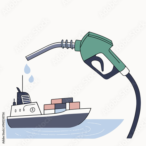 An illustration of a gas pump nozzle filling a cargo ship with fuel