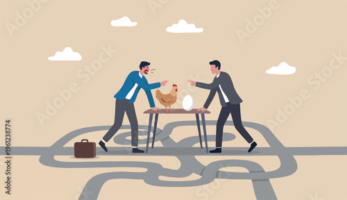 Business argument, conflict or disagreement, wasted meeting time arguing with no result, controversy question concept, businessman colleagues arguing o fight about chicken vs egg who come first
