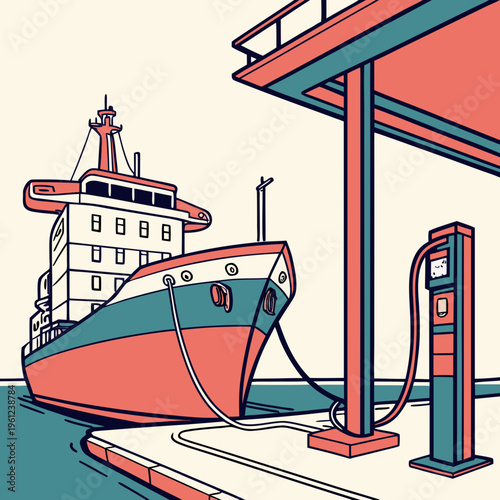 A large cargo ship refueling at a dock with a gas pump