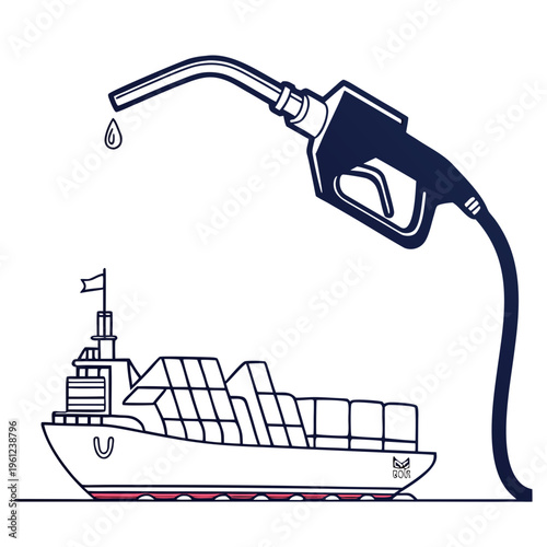 Vector illustration of a cargo ship being refueled with a gas pump nozzle