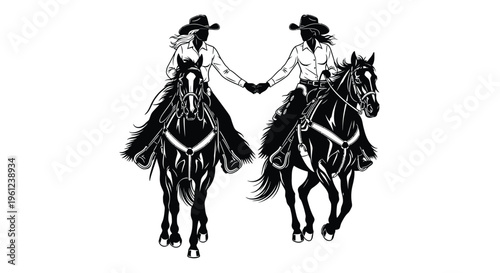 Two cowboys on horseback reaching for each other a striking silhouette