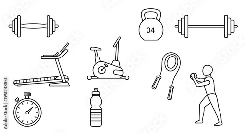 Fitness equipment line art including weights treadmill and a boxing silhouette