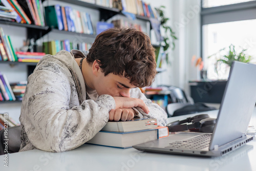 Canvas Print Exhausted teen student preparing for exams, burnout and mental health concept