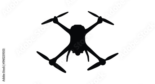 A black drone with outstretched propellers seen in profile silhouette