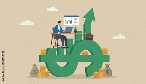 Revenue growth or investment profit increase earning or wealth accumulate, growing income financial analysis concept, businessman working with computer laptop dollar sign money with rising graph