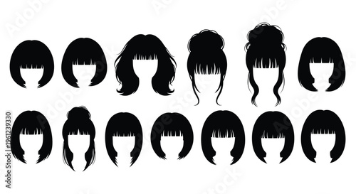 Collection of diverse women s hairstyles presented in black silhouette