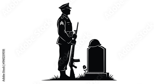 A solemn soldier stands guard before a gravestone a respectful silhouette