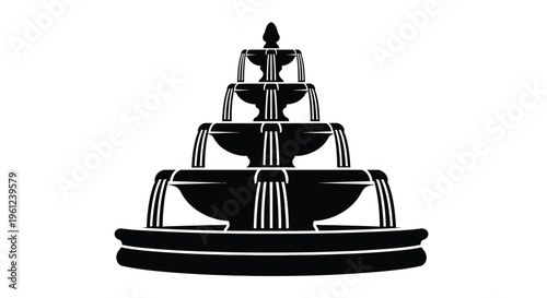 Detailed tiered fountain illustration presented as a striking silhouette