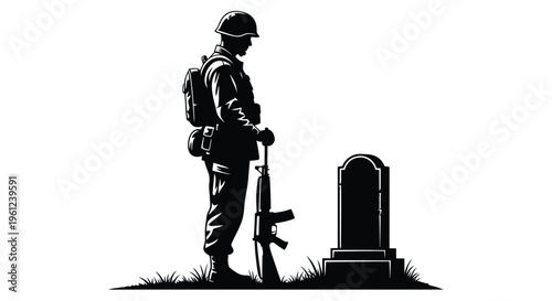 Soldier stands guard near a gravestone paying respects a striking silhouette