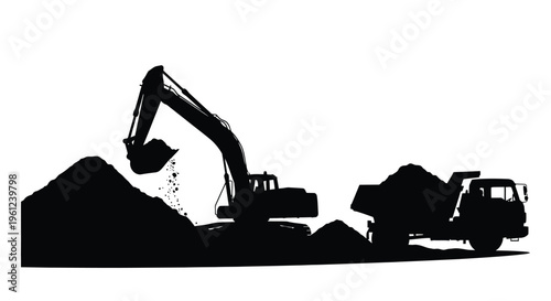 Construction machinery working at a site including an excavator silhouette