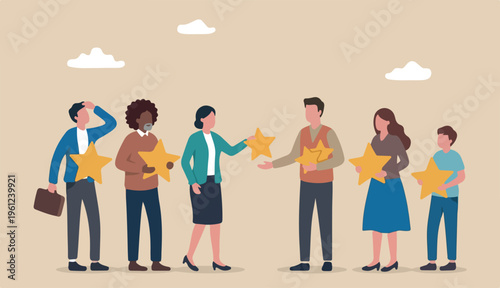 Customer loyalty, consumer satisfaction giving 5 stars rating feedback, best user experience or trust to use service again concept, various customer people giving 5 stars review for quality service