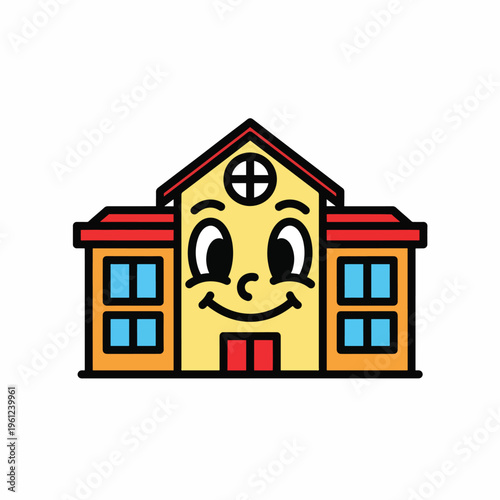 Cartoon school building with face.