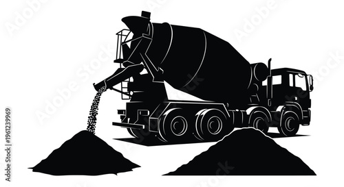Concrete mixer truck pouring material detailed black vector illustration silhouette
