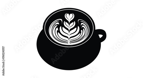 Black coffee cup with latte art heart design a striking silhouette