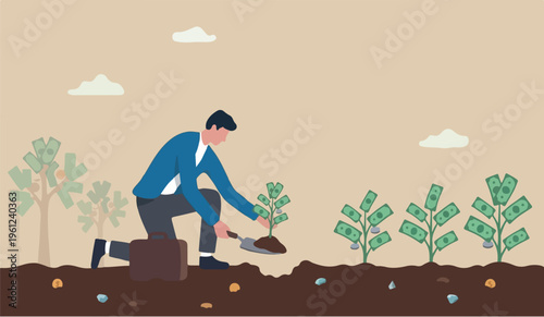 Investing growing pension fund saving or make profit from retirement fund, growing wealth or investment asset concept, businessman investor planting money seedling for prosperity