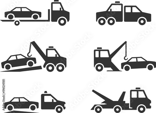 Tow truck and car towing icon set with roadside assistance, recovery vehicles and transport service silhouette illustrations collection