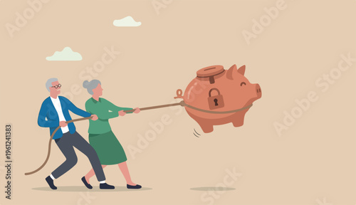 Protect retirement pension money from fraud, Ponzi scheme cost a tax that impact retiree investment fund concept, senior grandparent couple pull back their piggy bank money thief hand