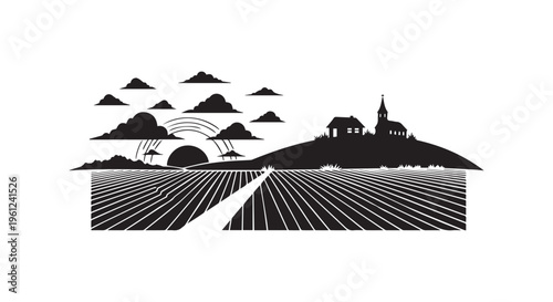 A black and white illustration of a rural landscape with a church and fields