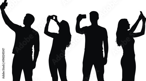 Group of people taking selfies with smartphones silhouette vector illustration, social media lifestyle, modern communication, friendship, digital interaction concept