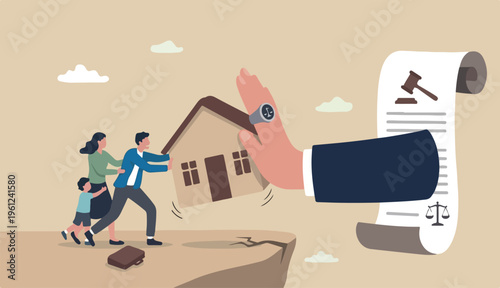 Eviction and mortgage debt, foreclosure difficulty payback bank mortgage loan concept, bankruptcy man and family fighting hold back their house with big legal hand evict it by law