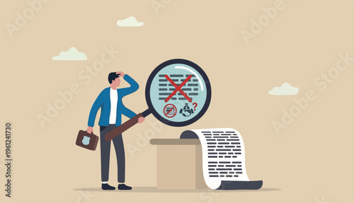 Fake document, wrong information verification fake news inspection, fraud illegal into reports concept, smart businessman inspector magnifying glass verify fake document