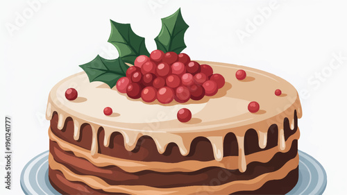 a chocolate cake with white icing and red berries on top with holly leaves