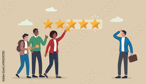 Customer or loyalty satisfaction giving 5 stars rating feedback, best user or experience trust service again concept, various customer people giving 5 stars review for quality service