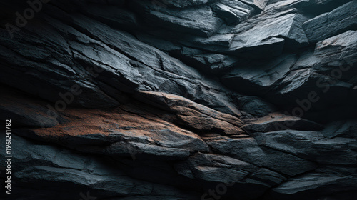 An artistic close-up captures the rough, textured surface of dark gray slate stone with a patch of reddish brown rock led within the fractured layers.